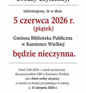 Informacja o zamknięciu Biblioteki w piątek – 05.06.2026 r.